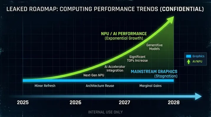 Leaked AMD roadmap timeline showing RDNA 3.5 integrated graphics usage until 2028.