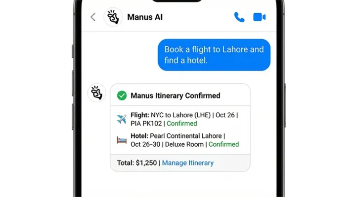 Manus AI Agent planning a trip and booking flights autonomously within the Meta AI chat interface.