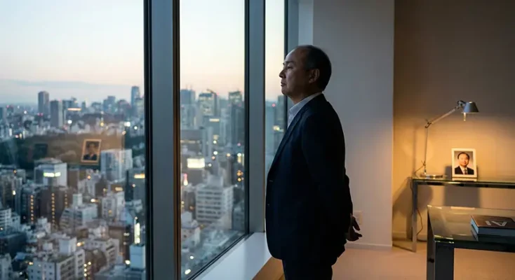 Masayoshi Son looking contemplative near a window, planning the SoftBank OpenAI investment strategy.