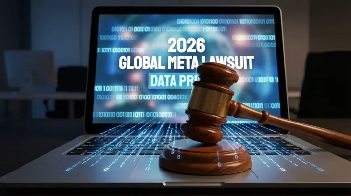 Judge gavel resting on a laptop keyboard representing legal action against Meta for data privacy violations