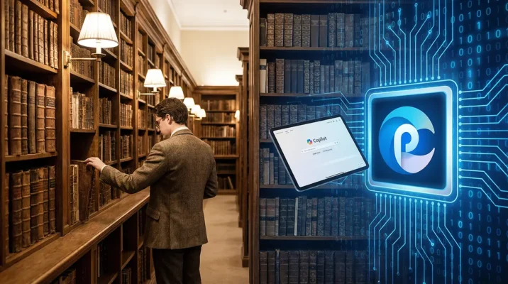A split composition showing warm-toned traditional library bookshelves on the left dissolving into cold blue digital code and the Microsoft Copilot AI logo on the right.