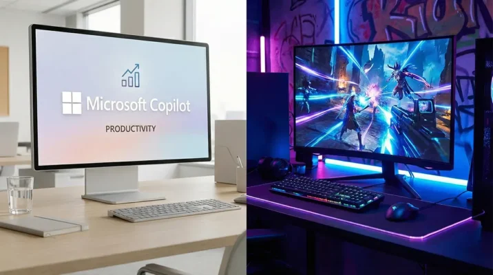 Split screen showing a professional Microsoft Copilot+ PC office setup on the left and a high-performance custom gaming rig on the right.