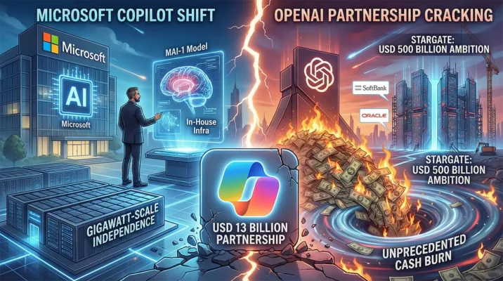 A conceptual graphic showing the rift between Microsoft and OpenAI, featuring a cracked Microsoft Copilot logo, OpenAI’s cash burn vortex, and Microsoft's gigawatt-scale MAI-1 supercomputer infrastructure.