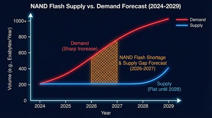 Chart showing global NAND flash shortage and supply gap forecast for 2026 and 2027.