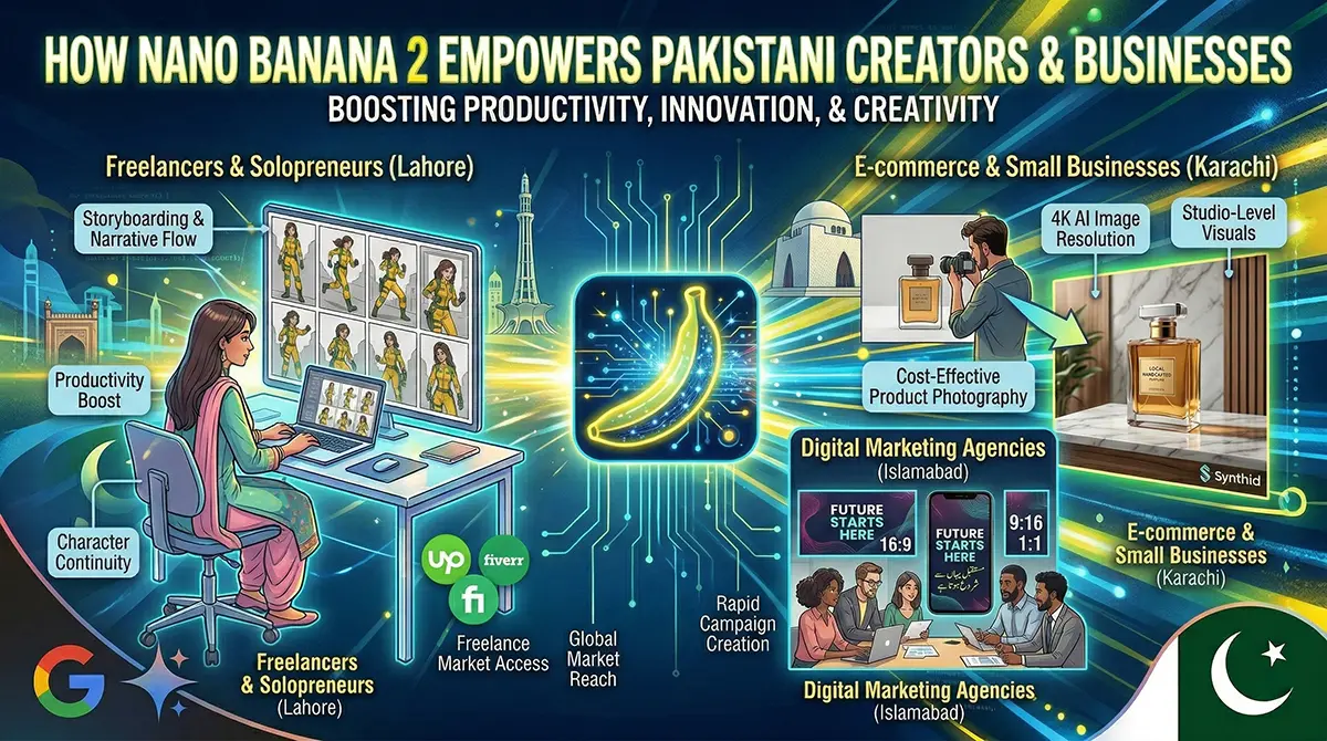 Illustration showing Pakistani freelancers and e-commerce businesses using Nano Banana 2 for storyboarding, product photography, and digital marketing.