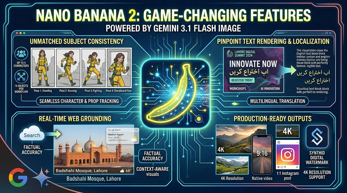 Infographic of Nano Banana 2 features showcasing subject consistency, pinpoint text rendering in Urdu, real-time web grounding, and production-ready outputs.