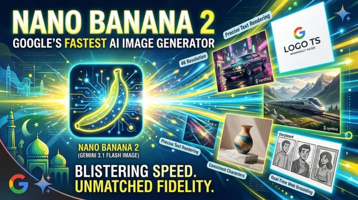 Hero banner showing Nano Banana 2 features like 4K resolution, precise text rendering, and real-time web grounding powered by Google.