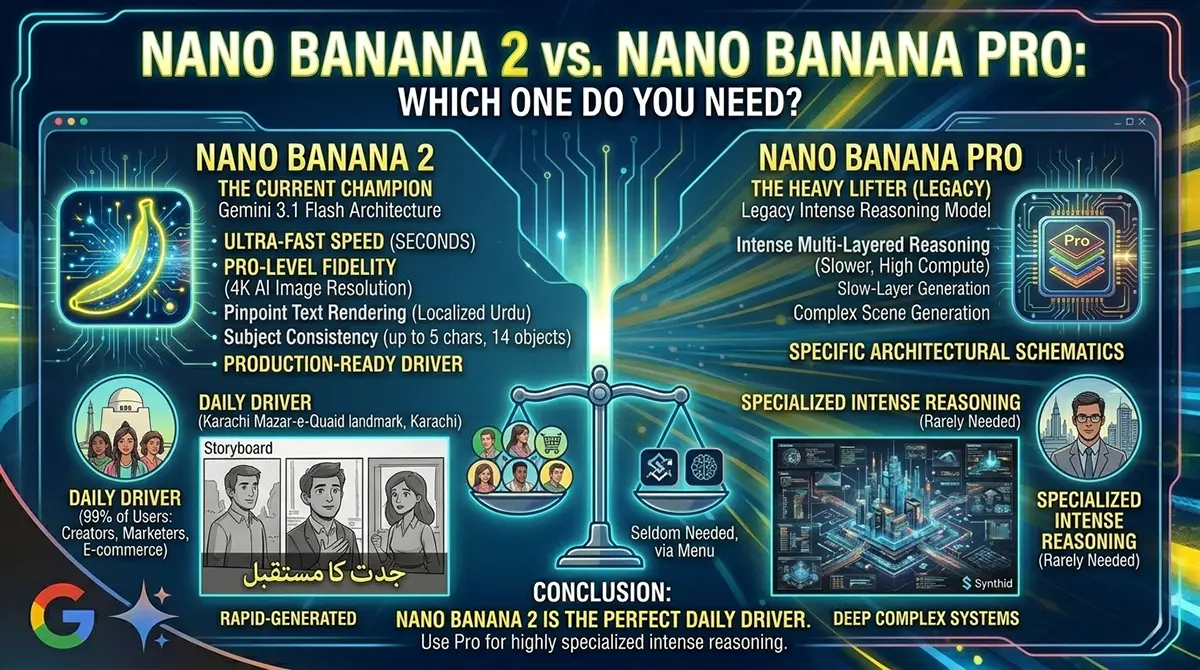 Comparison scale weighing Nano Banana 2 as the fast, daily driver for most users against Nano Banana Pro for complex, intense reasoning tasks.