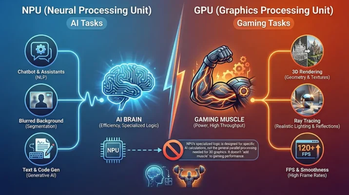 Infographic comparing NPU AI processing tasks against GPU graphics rendering capabilities for gaming.