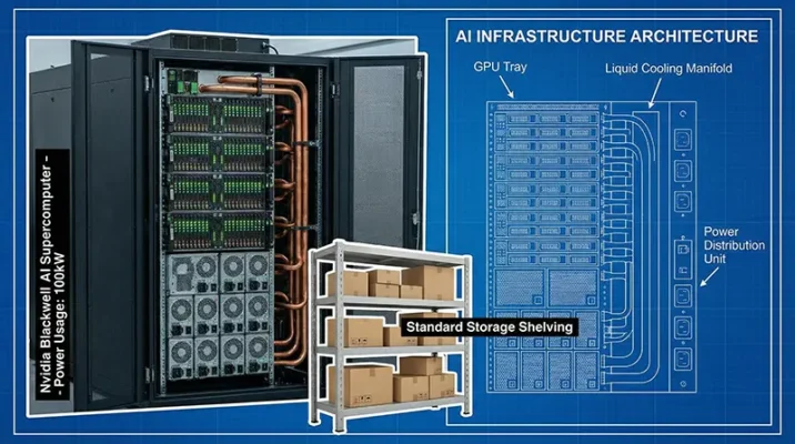 High-density Nvidia Blackwell GPU server racks used to power advanced artificial intelligence workloads in AWS data centers.