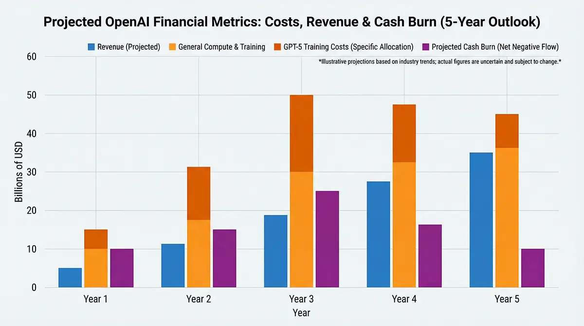 Explosive Microsoft Copilot Shift: Why the USD 13 Billion OpenAI Partnership is Cracking 6 Bar chart showing OpenAI's projected cash burn and GPT 5 training costs over the next five years.