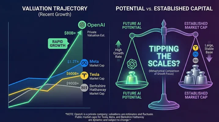 Valuation comparison chart showing OpenAI at $830 billion versus Tesla and Meta after the SoftBank OpenAI investment.