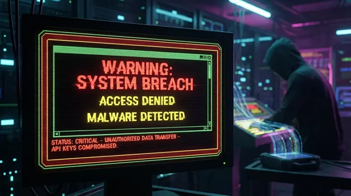 Cyber security warning screen showing malware risks and exposed API keys during the Clawdbot rebrand.