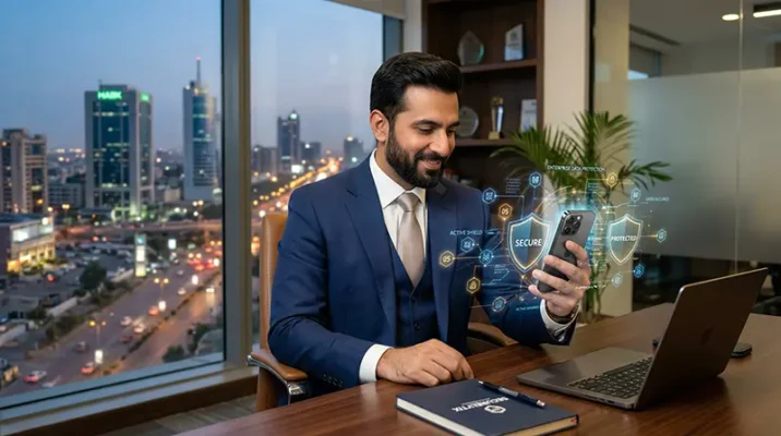 A Pakistani corporate executive in a modern office using an Apple iPhone, surrounded by digital security shields representing enterprise data protection.
