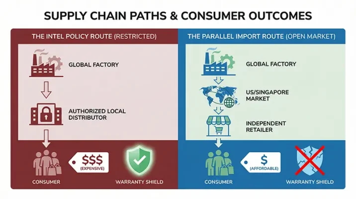 Infographic comparing the expensive authorized distributor supply chain against the restricted parallel import CPU market.