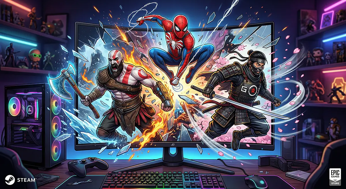 Collage of iconic PlayStation characters like Kratos and Spider-Man bursting out of a PC monitor with Steam and Epic Games logos.