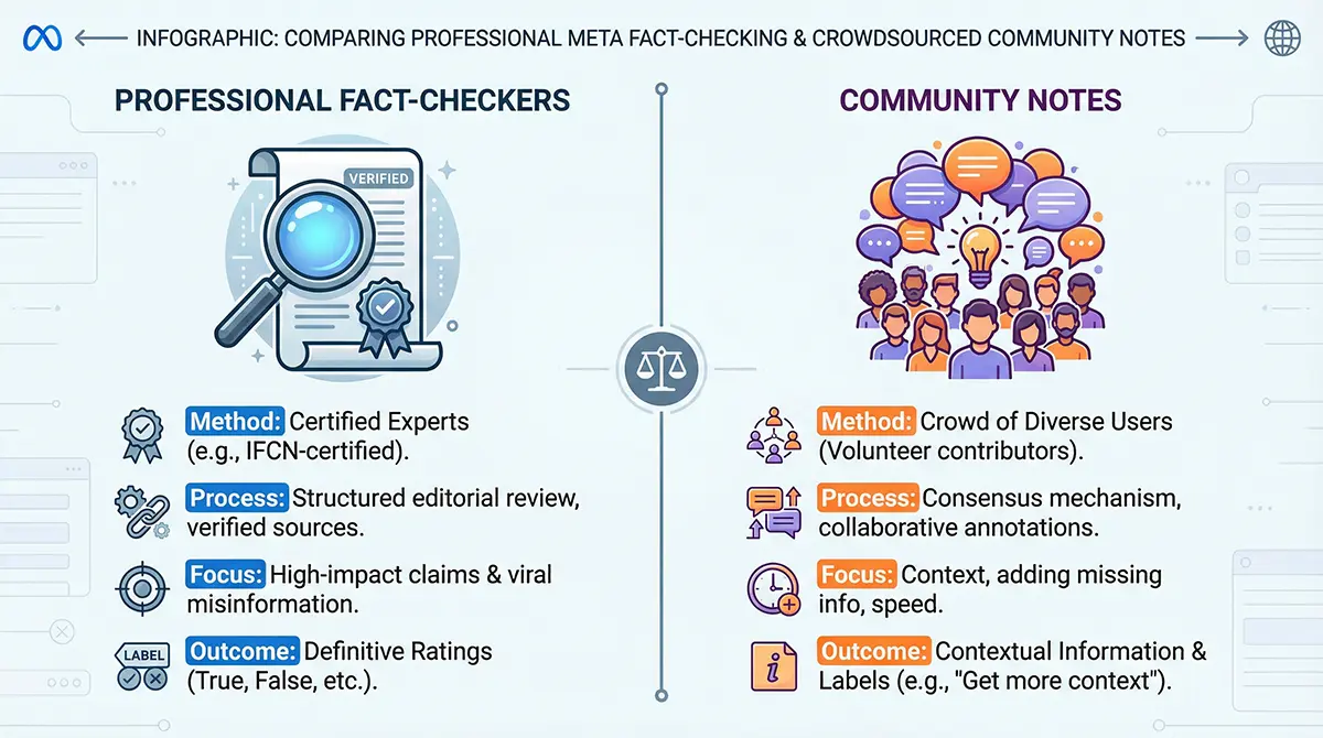 Infographic comparing crowdsourced community notes with professional Meta fact checking on social media.