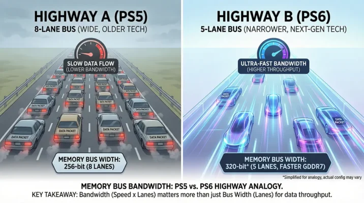 Illustration comparing memory bus width bandwidth using a highway traffic analogy for PS5 and PS6 performance.