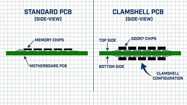 Technical diagram explaining Clamshell memory configuration with GDDR7 chips stacked on both sides of the motherboard.