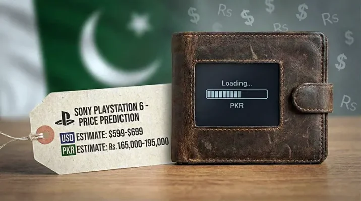 Price prediction graphic for Sony PlayStation 6 showing estimated cost in USD and Pakistani Rupee (PKR).