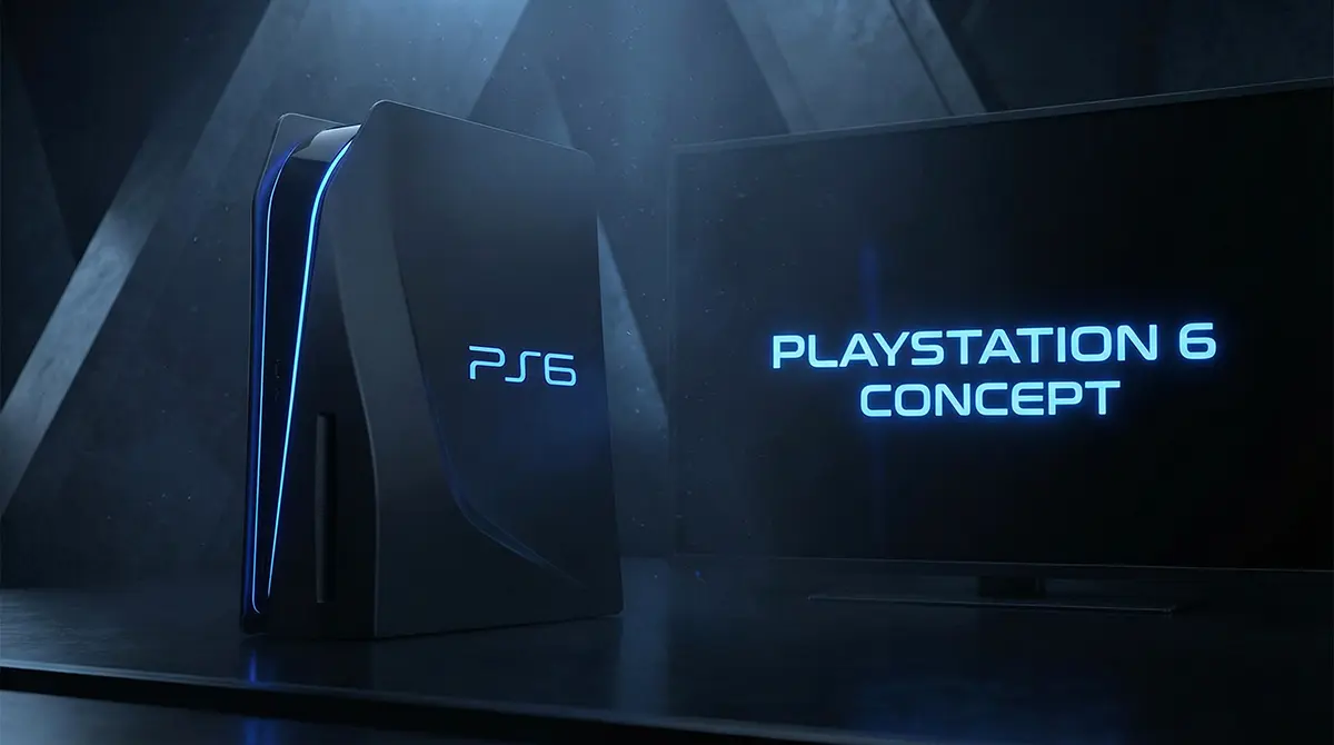 Futuristic concept design of Sony PlayStation 6 console highlighting next gen specs and blue LED lighting.