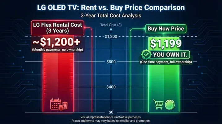 Bar chart infographic comparing the high LG OLED TV cost of renting versus buying outright.