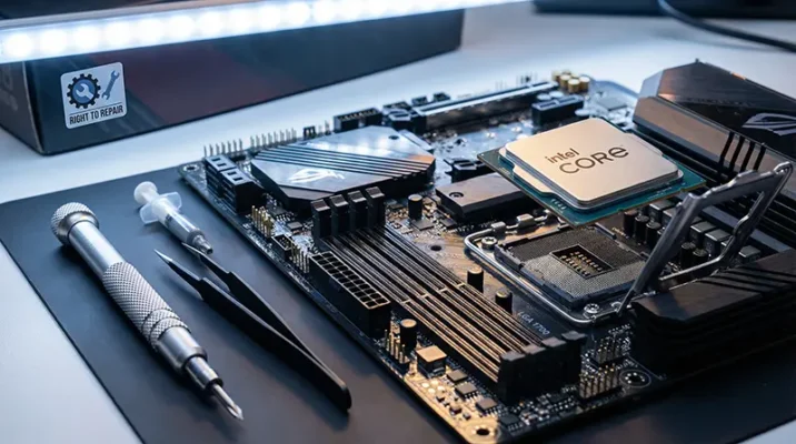 A genuine processor resting on a motherboard alongside precision repair tools, representing right to repair laws.