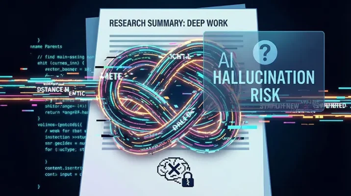 A conceptual illustration showing a tangled, glitching digital data knot distorting a technical document, representing an AI hallucination error.