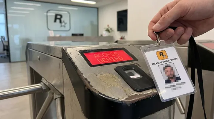Security turnstile and access badge illustrating the attempted infiltration of Rockstar offices using fake IDs