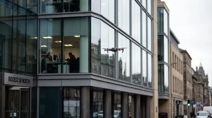 Camera drone flying near office windows of Rockstar North representing fans spying on game development