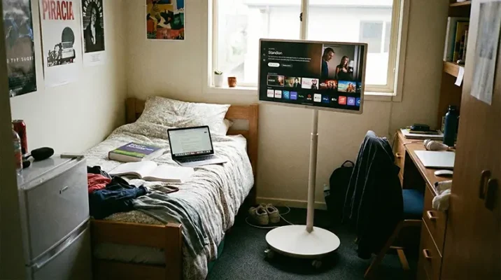 LG StanbyME portable screen in a university dorm room, illustrating student and expat deals.