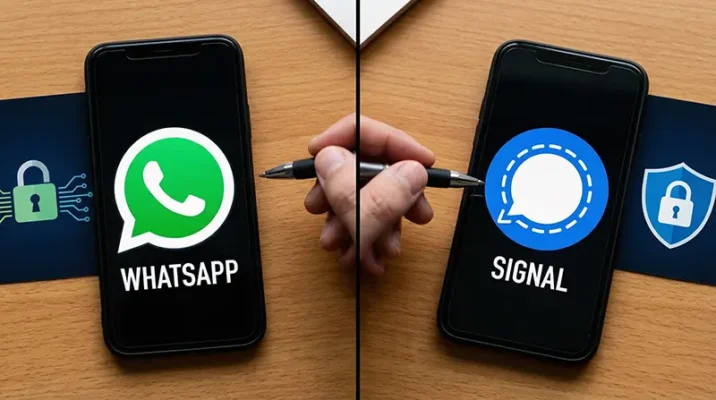 Side by side comparison of Signal and WhatsApp logos for secure messaging app alternatives