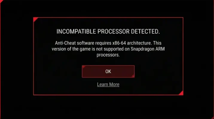 Simulation of an anti-cheat error message on a Windows on ARM laptop running a Snapdragon processor.