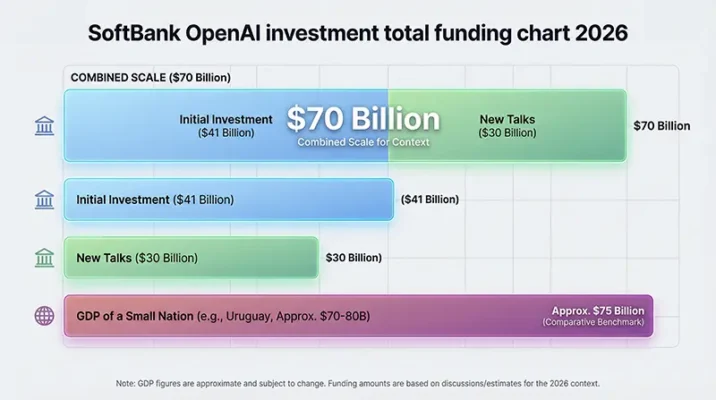 Bar chart showing SoftBank's total $70 billion investment in OpenAI broken down by 2025 and 2026 tranches.