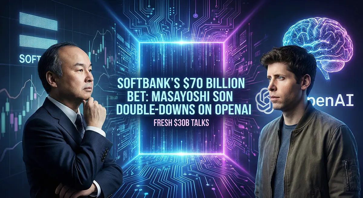 Masayoshi Son and Sam Altman split screen graphic illustrating the SoftBank OpenAI investment deal.