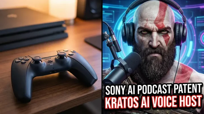 Sony AI Podcast Patent concept art showing Kratos as a YouTuber host for PlayStation 6 features.