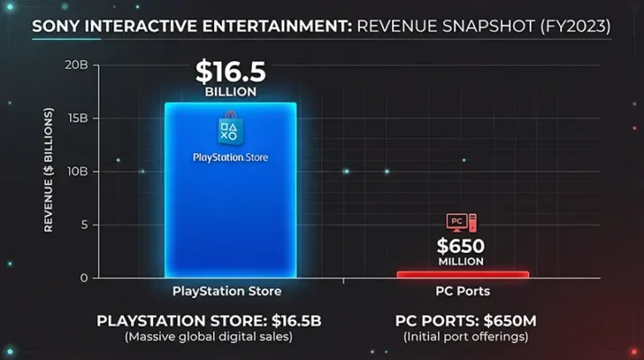 Financial bar chart comparing Sony's massive 16.5 billion dollar PlayStation Store revenue to the 650 million dollar revenue from Sony PC ports.