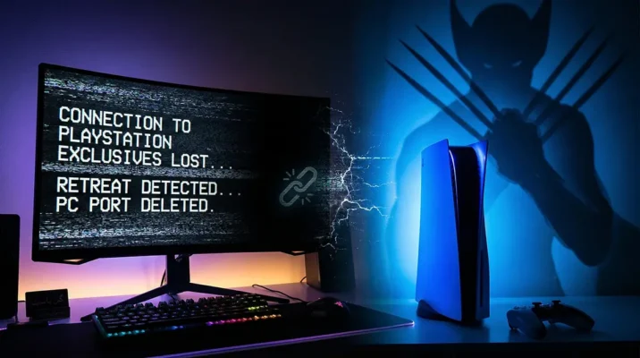 Split screen showing a fading gaming PC next to a glowing PlayStation 5 console with Wolverine claws, symbolizing the end of Sony PC ports.