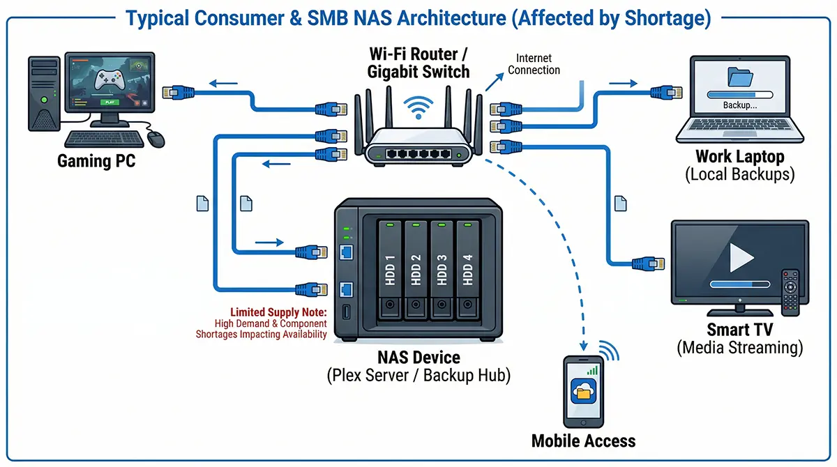 A network diagram of a standard network attached storage architecture, showing the local hardware ecosystem directly impacted by the current global drive deficit.