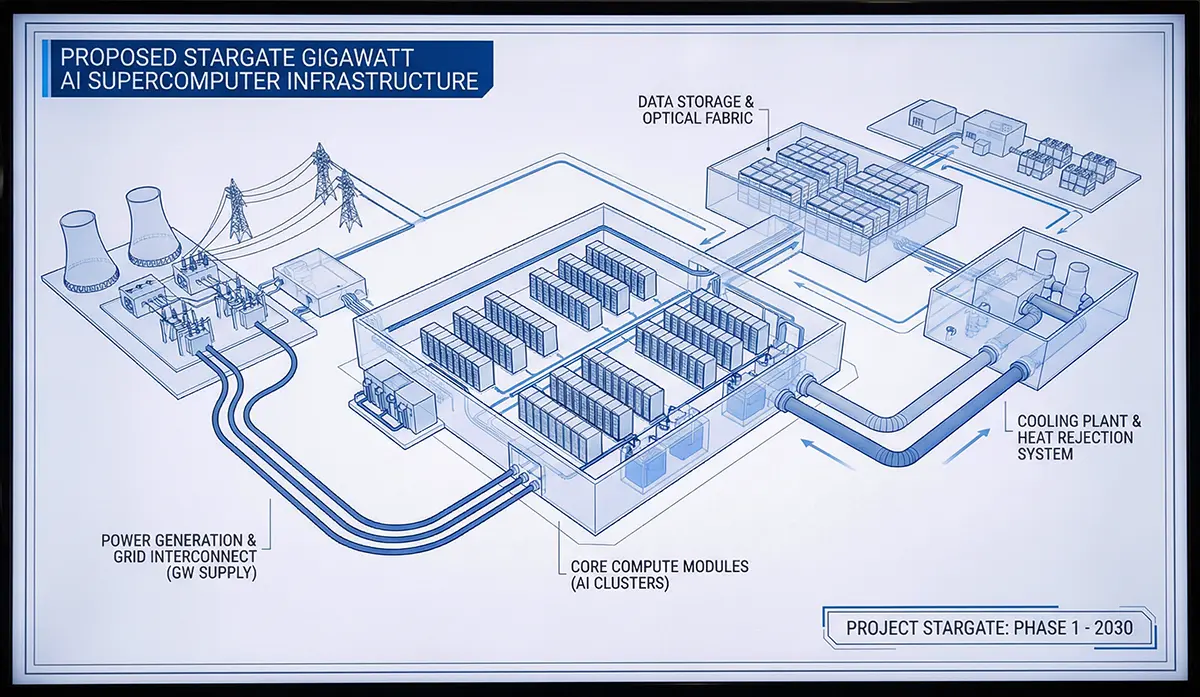 Explosive Microsoft Copilot Shift: Why the USD 13 Billion OpenAI Partnership is Cracking 7 Architectural diagram of the proposed Stargate gigawatt AI supercomputer infrastructure and energy grid.