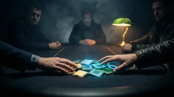 High-stakes poker conceptual image using semiconductor microchips, representing Apple negotiating with the memory cartel.