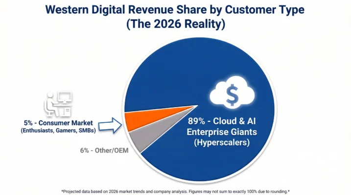 A pie chart illustrating the 2026 Western Digital storage shortage, highlighting how cloud giants now control 89% of the supply while the consumer market retains only 5%.
