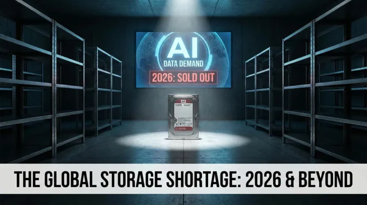 A single Western Digital hard drive illuminated on an empty server rack shelf, with a background screen reading "AI DATA DEMAND" and "2026: SOLD OUT". A banner below states "THE GLOBAL STORAGE SHORTAGE: 2026 & BEYOND".