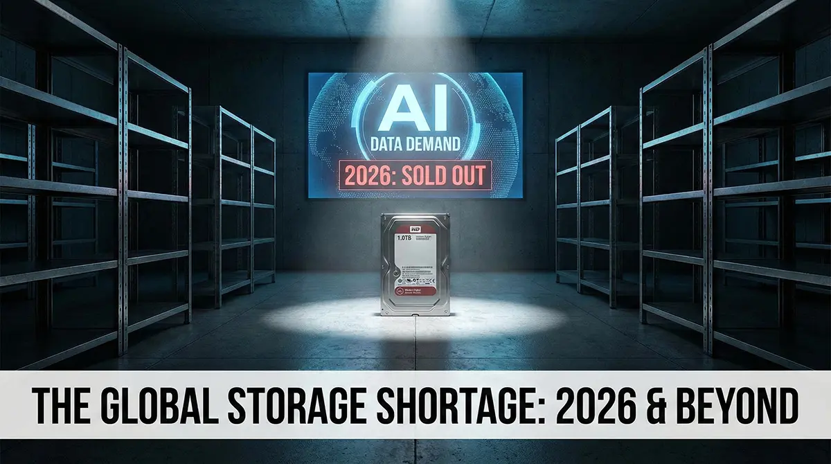 A single Western Digital hard drive illuminated on an empty server rack shelf, with a background screen reading "AI DATA DEMAND" and "2026: SOLD OUT". A banner below states "THE GLOBAL STORAGE SHORTAGE: 2026 & BEYOND".