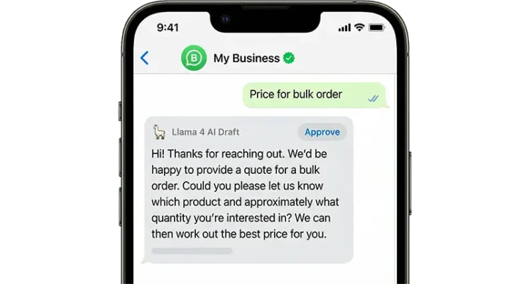 WhatsApp Business interface showing Llama 4 powered AI auto-reply generating a professional customer response.