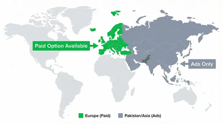 Map comparing WhatsApp Premium availability in the EU due to GDPR versus the ad-supported model in Pakistan.
