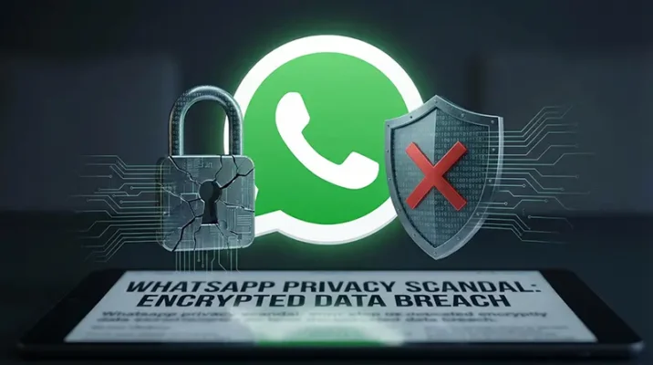 Digital padlock on WhatsApp logo illustrating the 2026 privacy scandal lawsuit and encryption risks