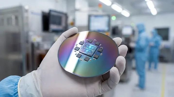 Macro view of advanced NAND flash and DRAM memory chips manufactured by Chinese suppliers YMTC and CXMT.