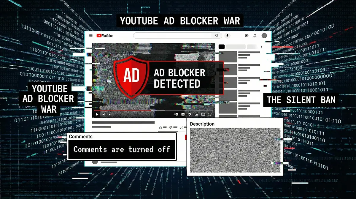A distorted YouTube interface showing an ad blocker detected warning, with the comment section completely turned off and the description box filled with glitching static.