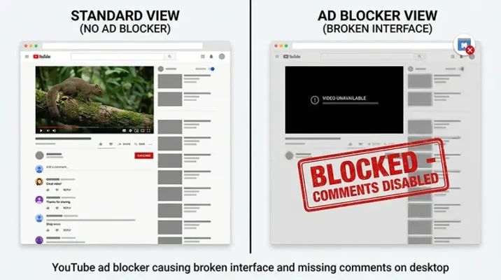 A split-screen graphic illustrating the primary youtube ad blocker issue, showing a normal interface on the left versus a broken interface with vanished youtube comments on the right.